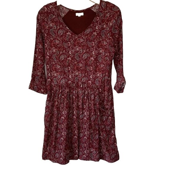 Garnet Hill Paisley Burgundy Side Pockets Soft V-neck 3/4 Cuff Sleeve Dress-2 - Picture 1 of 12